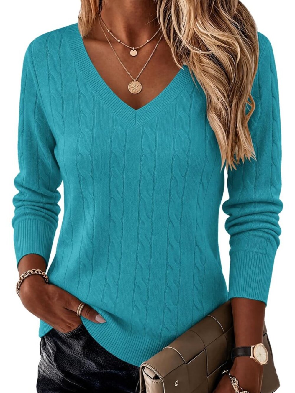 Chic Women's Long Sleeve Cable Knit V-Neck Sweater - Perfect for Fall & Winter